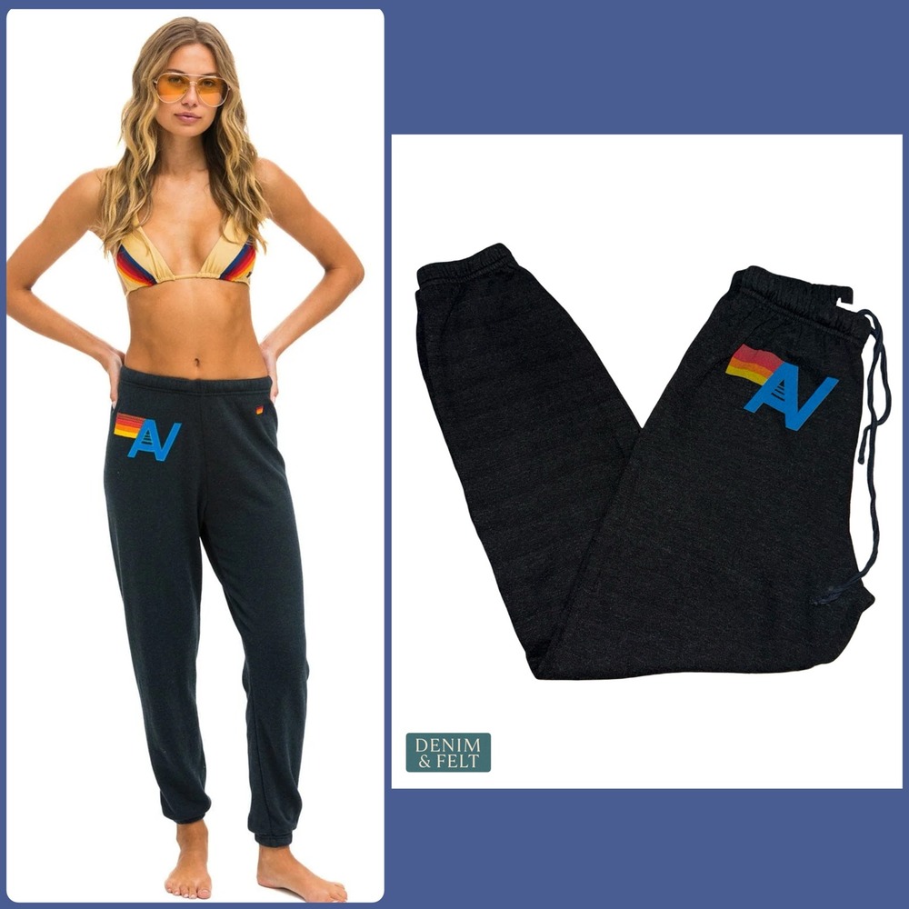 Aviator Nation Black Logo Sweatpants Rainbow Bolt Cozy Beachy Lounge XS